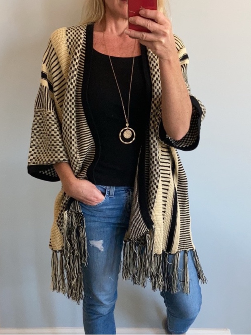 Fringed Open-Front Knit Cardigan Sweater - Black & Cream